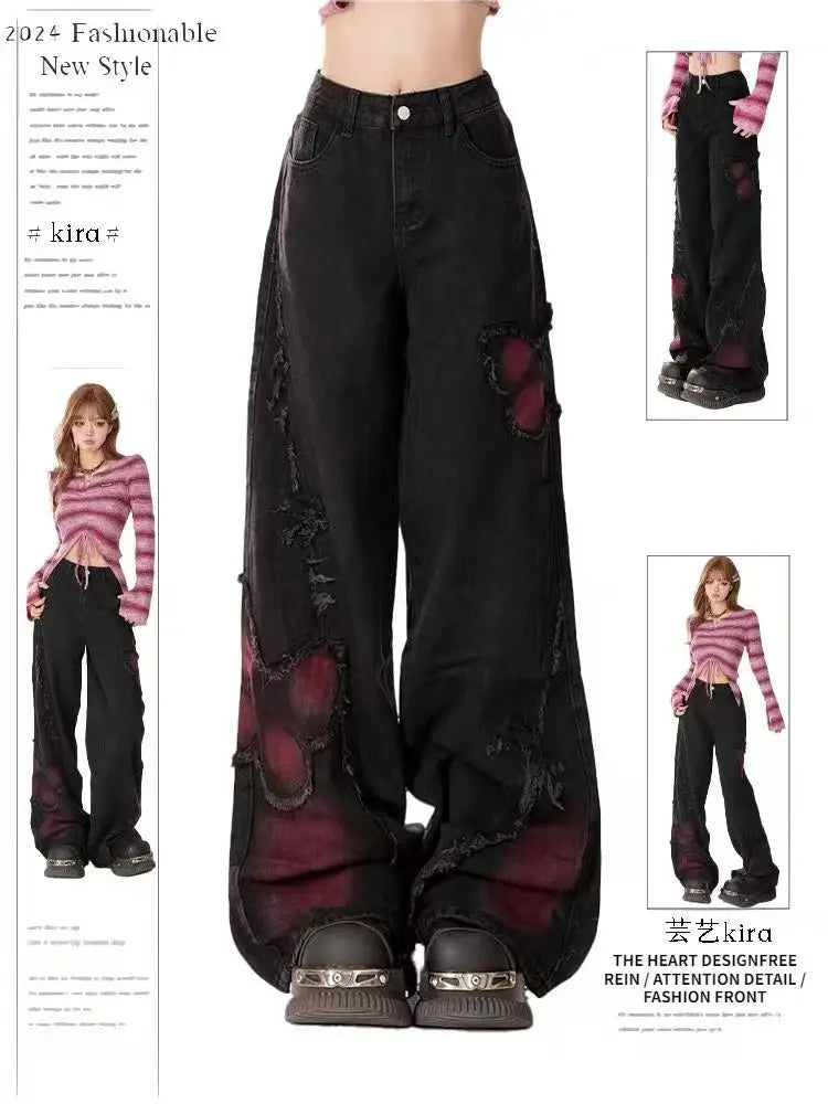 Women Clothing Black Gothic Jeans Pink Cross Y2k Oversize Loose Aesthetic Denim Trousers Harajuku Korean 2000s Jean Trashy Pants