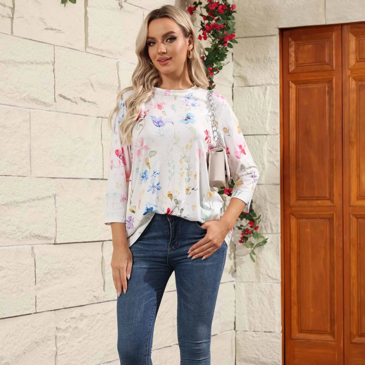 2024 Women Summer Tops Comfortable T Shirt Fashion Flower Print Round Neck 3/4 Sleeve Tops Soft Versatile Pullover Ropa De Mujer