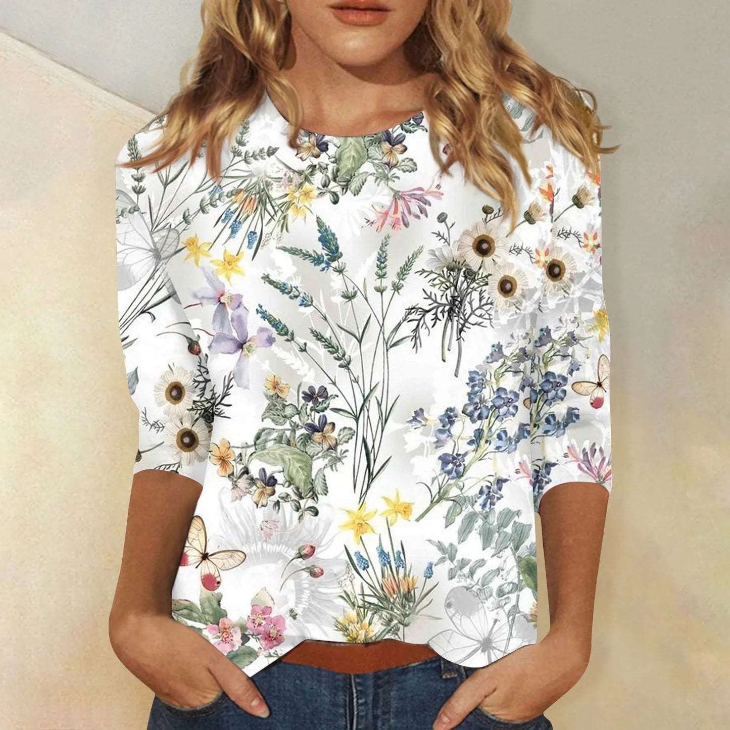 2024 Women Summer Tops Comfortable T Shirt Fashion Flower Print Round Neck 3/4 Sleeve Tops Soft Versatile Pullover Ropa De Mujer