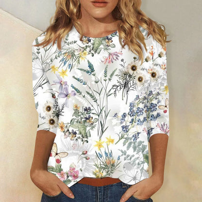 2024 Women Summer Tops Comfortable T Shirt Fashion Flower Print Round Neck 3/4 Sleeve Tops Soft Versatile Pullover Ropa De Mujer