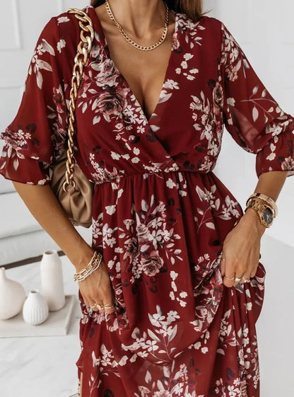 Women Dresses Sexy V Neck Retro Print Chiffon Maxi Dress Fashion Elastic Waist Side Splits Robe Elegant Long Sleeve Loose Dress