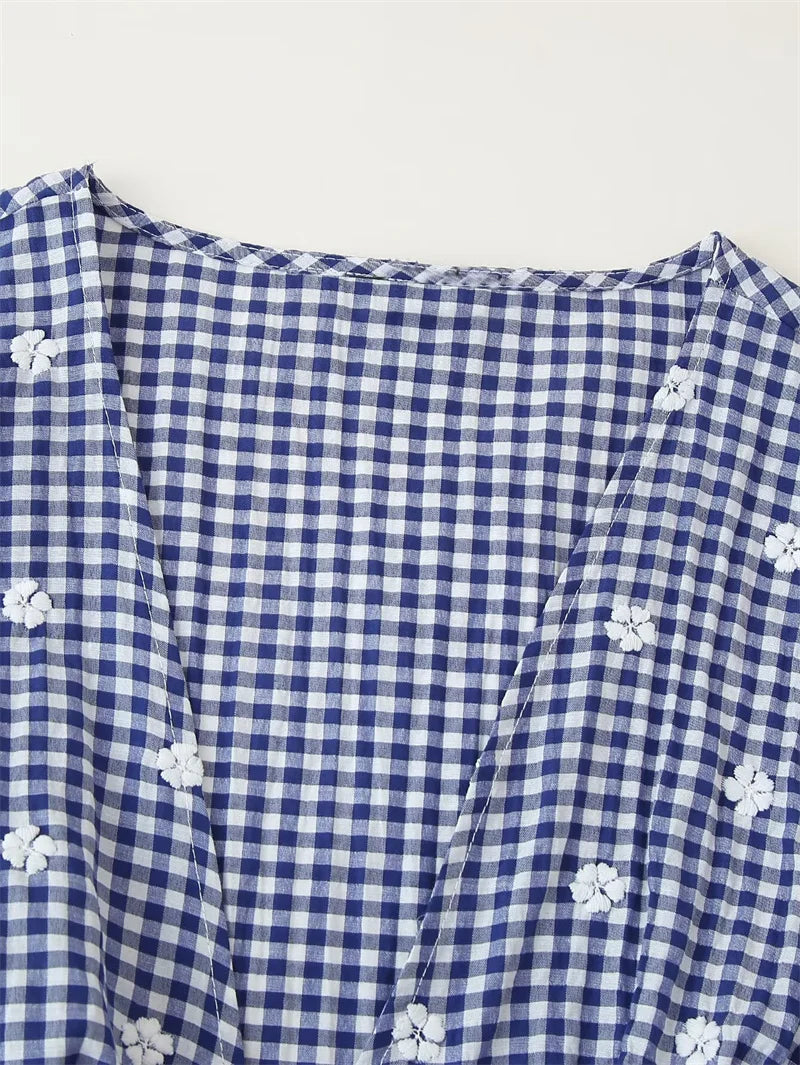 Women's Tops New Summer 2025 Small Check Tops Embroidered Trims Sexy Deep V-Neck Casual Fashion Versatile Personality