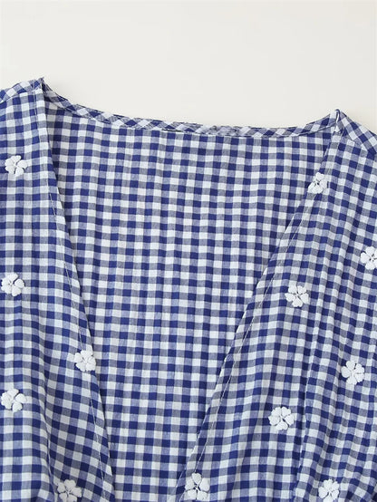 Women's Tops New Summer 2025 Small Check Tops Embroidered Trims Sexy Deep V-Neck Casual Fashion Versatile Personality