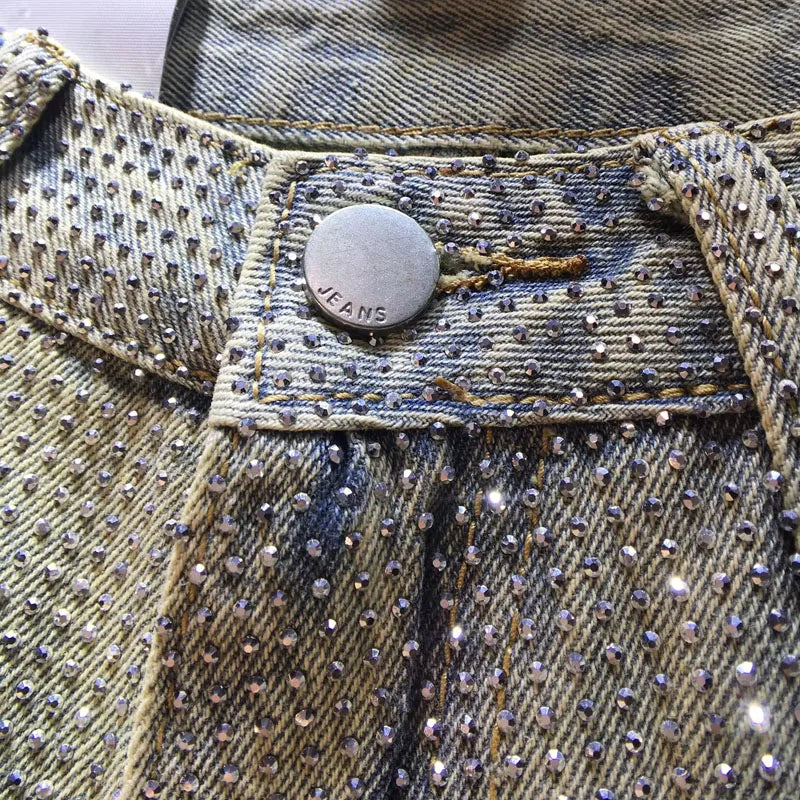 European Jeans, 2025 Spring Clothing New Heavy Industry Full Body Hot Diamond High Waist Skinny Wide Leg Straight Jeans Women