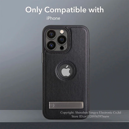 Leather Phone Case for iPhone 15 14 Pro Max Plus 13 12 11 Mobile Cases with Slim Metal Kickstand Soft Grip Luxury Back Cover
