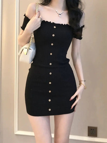Woman Dress for Women 2025 Vestidos De Mujer Fashion Slash Neck Tunic Robe Femme Ruffles Bodycon Knitted Button Summer Dresses