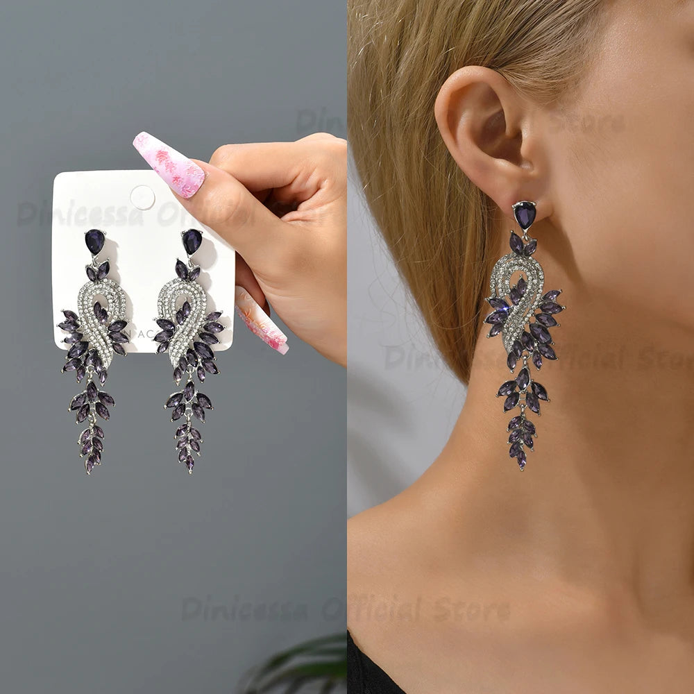 Design Dangle Earrings For Women Girl Luxury Elegant Metal Hollow Chain Leaves Crystal Brincos Pendant Jewelry Ear Accessories