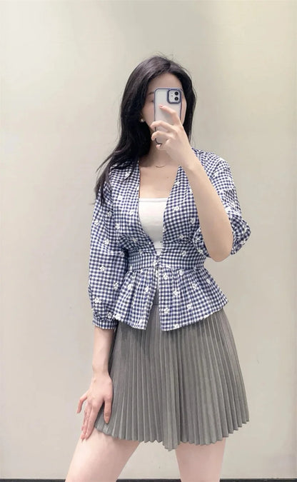 Women's Tops New Summer 2025 Small Check Tops Embroidered Trims Sexy Deep V-Neck Casual Fashion Versatile Personality
