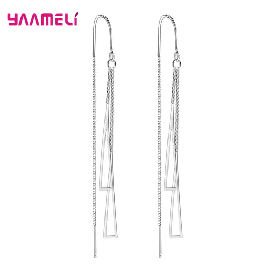 925 Sterling Silver Earrings Fashion Jewelry Simple Geometric Tassel Long Box Chain Thread Pendientes Ear Decoration Ornaments