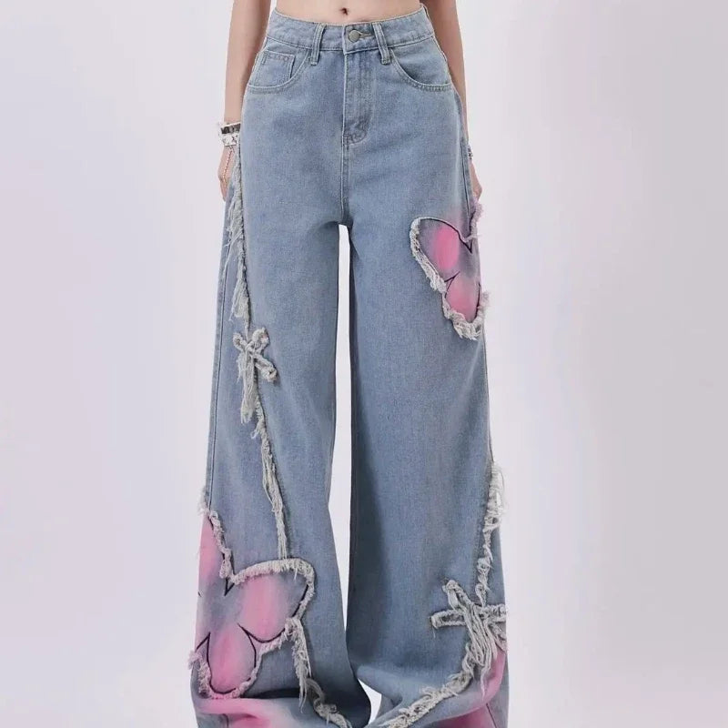 Denim Pants for Women Butterfly Gyaru Womens Jeans Embroidered 90s Loosefit 2025 Fashion Trousers Pant Cool Stretched Wide Leg Z