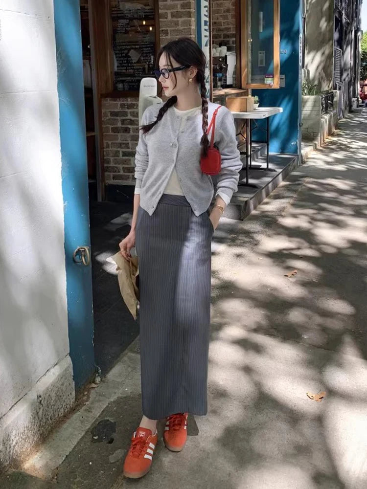 Chic High Waist Straight Leg Long Skirt Women's Spring Vintage ket Color Blo Striped f Body Skirts Faionable Slimming