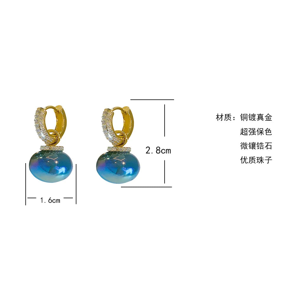Korean Version High Quality New Atmospheric One Two Wear Colorful Blue Pearl Circle Ear Button Design Eardrop for Girls.
