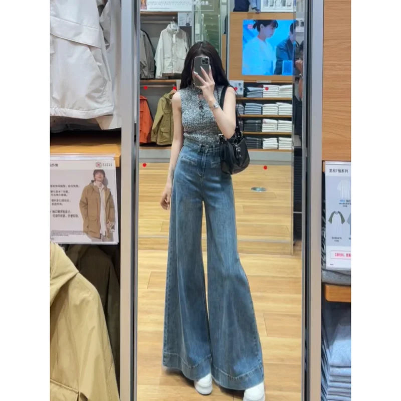 White Jeans with Pant Legs Women 2025 Spring New Temperament Korean Version of High Waist Loose Look Slim Wide Leg Pants Jeans