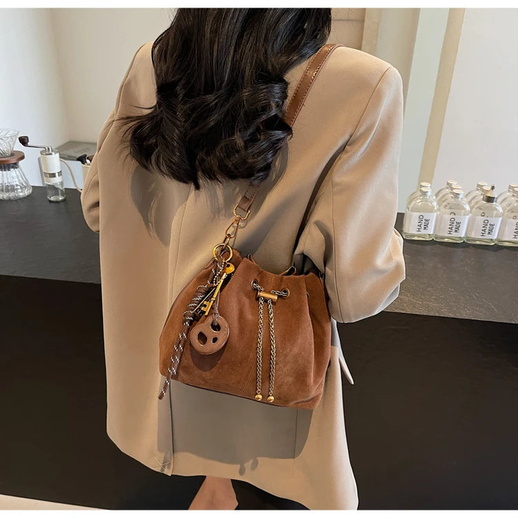Women Vintage One Shoulder Bag Frosted Solid Drawstring Soft All-Match Bucket Bags High-Grade Versatile Commute Crossbody Packs