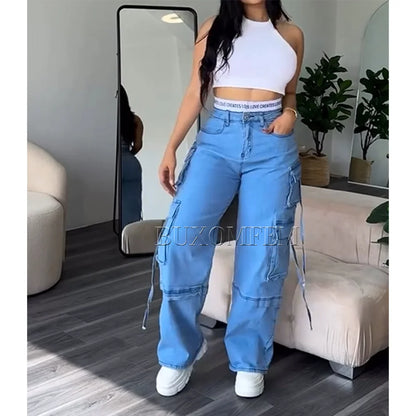 Women's Multi-Pocket Jeans, Retro Splicing, Drawstring, Cool Girl Trousers, Loose Casual Streetwear, New Bottoms, Fashion