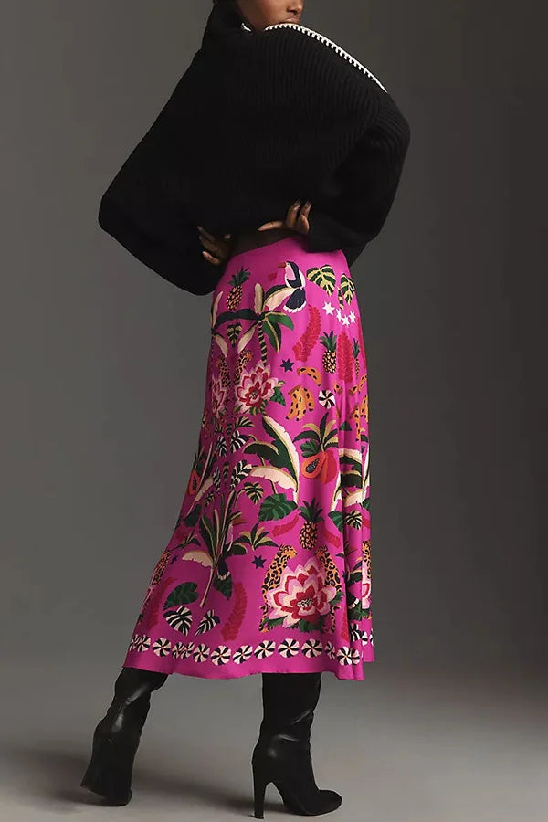 Women Skirts 2024 Spring Summer Vintage Streetwear Ladies Casual Floral Printed Long Skirts Elastic Waist Female Midi Skirts