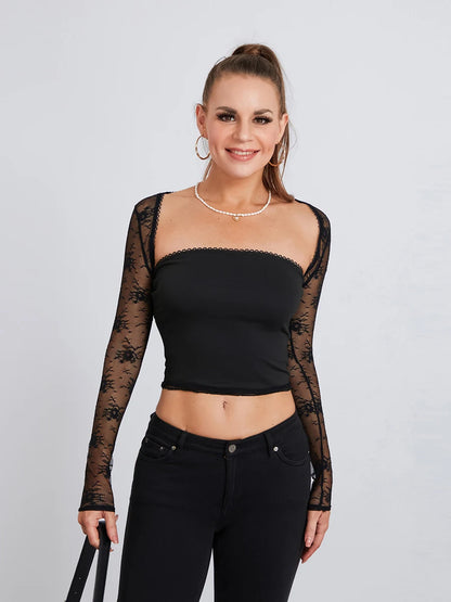 Women Summer 2 Piece Outfits Long Sleeve Lace Shrug Tops and Solid Color Bandeau Tube Tops Sets for Streetwear Club Y2K 2000s