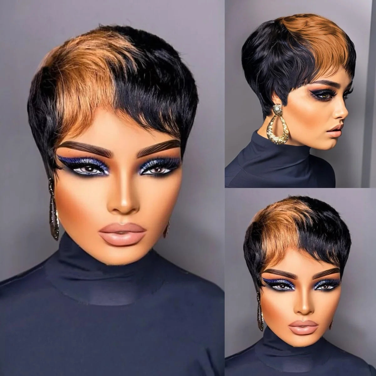 WIGERA  Highlight Synthetic Wigs Short Straight  Pixie Cut Hair Bob Wig Honey Gold Mix Black  Hair For Woman