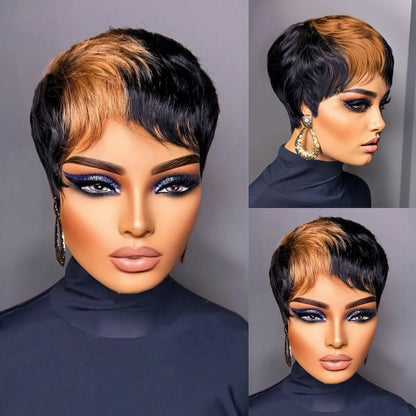 WIGERA  Highlight Synthetic Wigs Short Straight  Pixie Cut Hair Bob Wig Honey Gold Mix Black  Hair For Woman