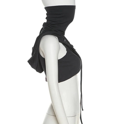 Streetwear Tank Top For Women Clothing Sexy Short Crossover Design Y2k Accessories Mouthpieces Sleeveless Hooded Ropa De Mujer