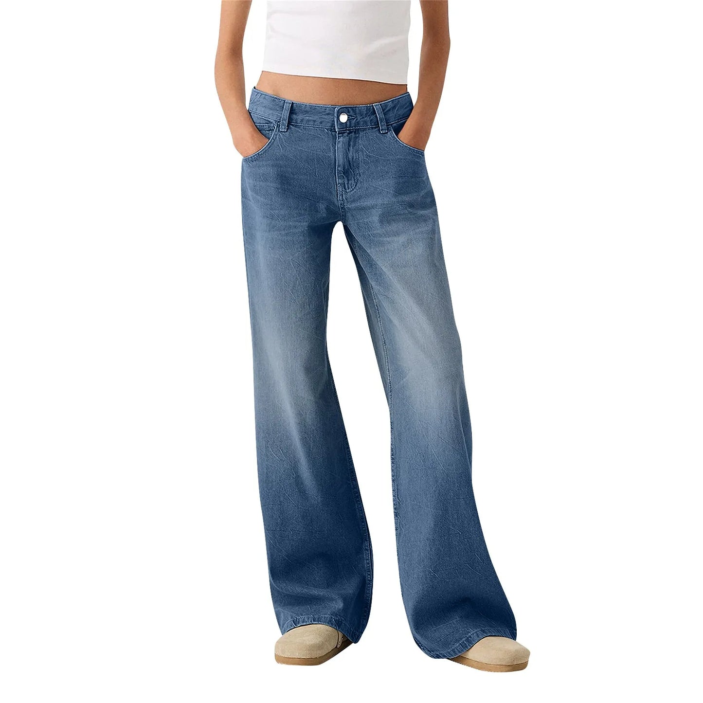 Women Fashion Denim Jeans Retro Ladies Loose Straight Pants Mid Waist Button Pocket Trousers Casual De Mujer Pantalon Femme