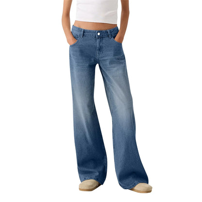 Women Fashion Denim Jeans Retro Ladies Loose Straight Pants Mid Waist Button Pocket Trousers Casual De Mujer Pantalon Femme
