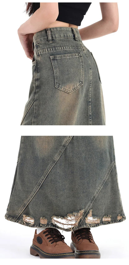 Women Denim Skirt Y2k Emo 2000s Clothes Long Skirt Harajuku Korean 90s Fashion Vintage Gradient A-line Jean Skirt Grunge Clothes