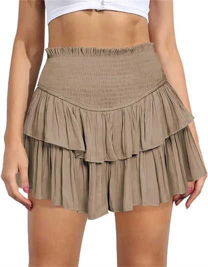Women's High Waist Ruffle Pleated Mini Skirts Solid Lined Layered Flared Flowy Casual Swing Summer Boho Beach Mini Short Skirt