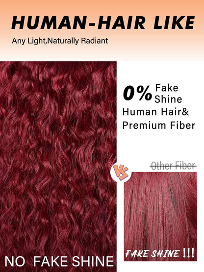 Glueless 200% Density 99J Burgundy Full Machine Made Deep Wave Wig with Bangs Water Wave Red Curly Human Hair Wigs Wear and Go