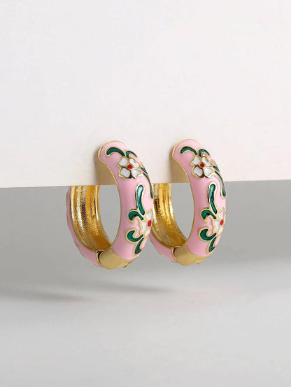 New Fashionable Colorful Round Earrings Retro Metal Enamel Floral Ear Accessories Unique Party Jewelry Gift for Women