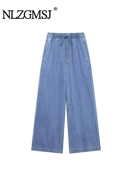 2024 Autumn Denim Pant For Women Loose High Waist Jeans Female Fashion Drawstring Elastic Waist Wide Leg Pants