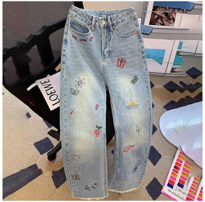 Vintage Embroidered Jeans Trousers For Women Summer 2025 New Korean Fashion High Waist Straight Retro Casual Denim Pants