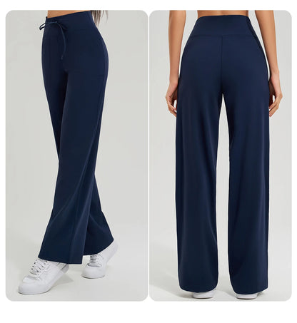 Women's High Waist Yoga Pants Gym Loose Running Yoga Pants Double Side Brushed with Pockets Pants Ties