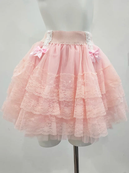 Pink Skirts for Sweet Girls Summer Bows Decoration Elastic Waist Lolita Style Multilayered Lace Skirt Kawaii Clothes