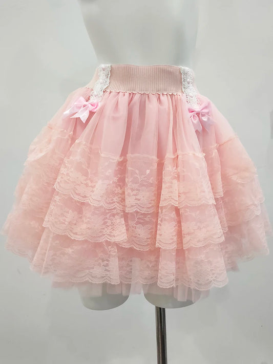 Pink Skirts for Sweet Girls Summer Bows Decoration Elastic Waist Lolita Style Multilayered Lace Skirt Kawaii Clothes