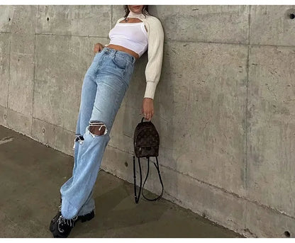 MiuKoMiYa Ripped Jeans For Women 2023 Streetwear Straight Denim Pants High Waist Long Denim Trousers Women Hollow Out Jeans