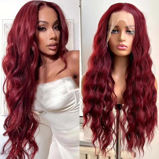 Burgundy Long Curly Wavy Red Wig Synthetic Middle Part Loose Deep Natural Wave 13X4 Wine Red Wigs for Women Daily Party Cosplay