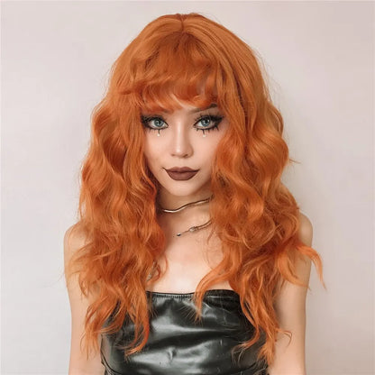 Ginger Curly Synthetic Wigs for Women Long Orange Wigs with Bangs Heat Resistant Hair Colored Party Cosplay Hair Wig