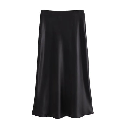 Willshela 2024 Black Satin Skirt Woman High Waist Elegant Long Skirts For Women Fashion Summer Midi Skirt Office Women's Skirts