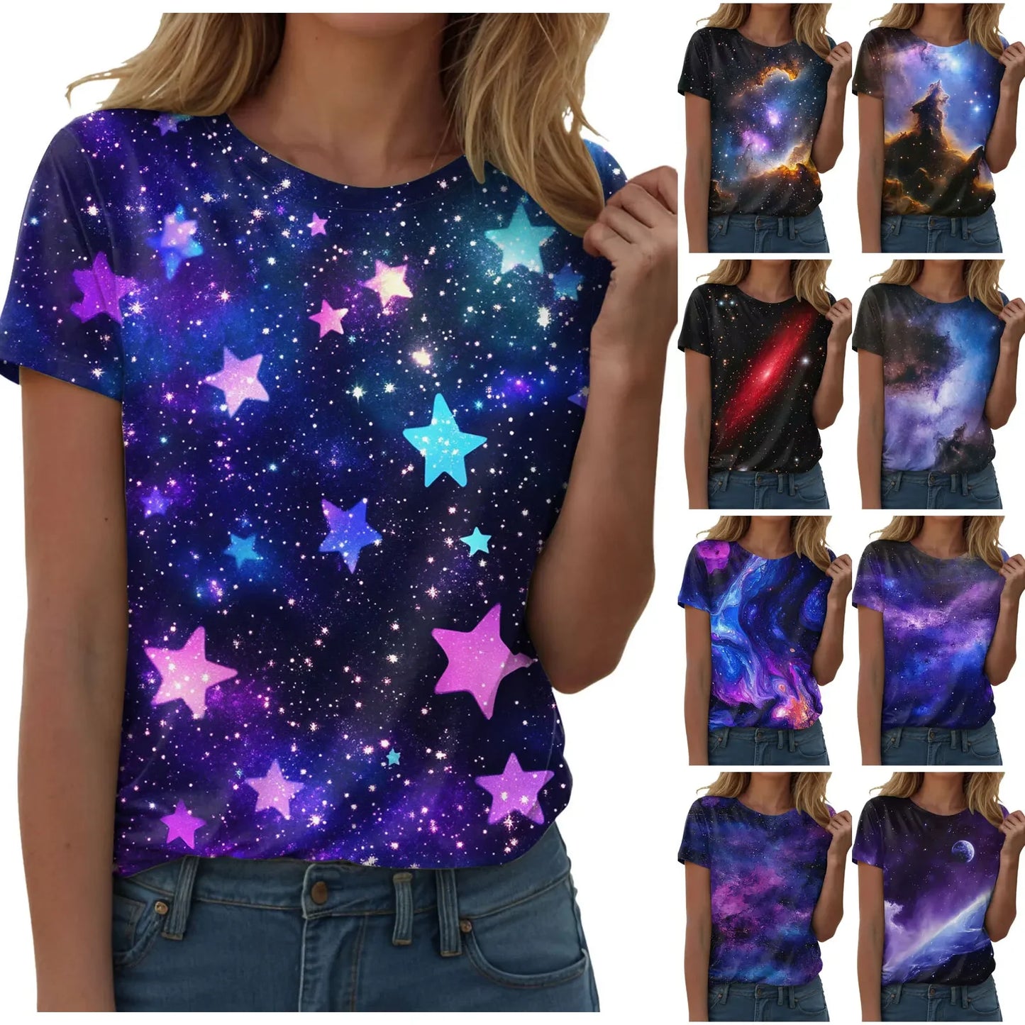 Top blouse woman trend 2025 women 3D galaxy print t shirts glitter shirts blouse fashionable Starry Sky summer ropa para Mujer