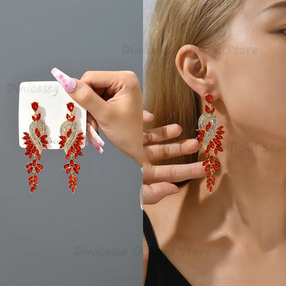 Design Dangle Earrings For Women Girl Luxury Elegant Metal Hollow Chain Leaves Crystal Brincos Pendant Jewelry Ear Accessories