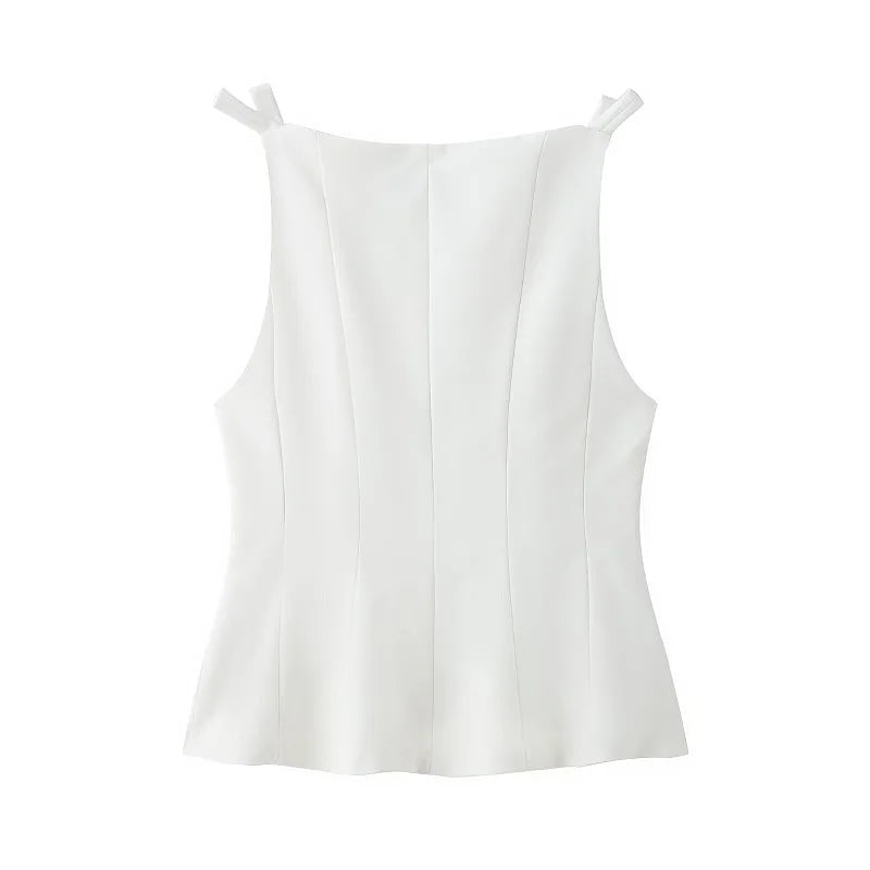MUJER White Bow Sleeveless Tops for Women Black off Shoulder Top Female Spring Casual Tank Tops Woman 2025 Pleated Women's Tops