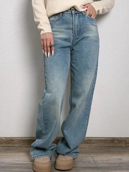 Blue Jeans Women High Waist 2025 Loose Casual Boyfriend Long Jeans For Work Ladies Simple Straight Leg Denim Pants For Women