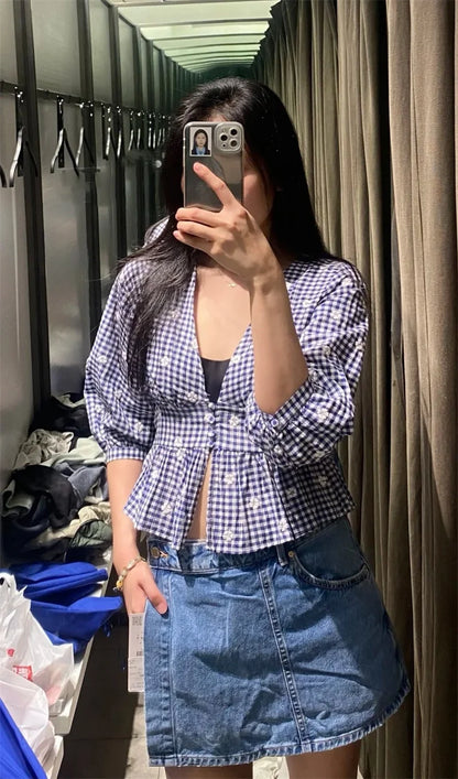 Women's Tops New Summer 2025 Small Check Tops Embroidered Trims Sexy Deep V-Neck Casual Fashion Versatile Personality
