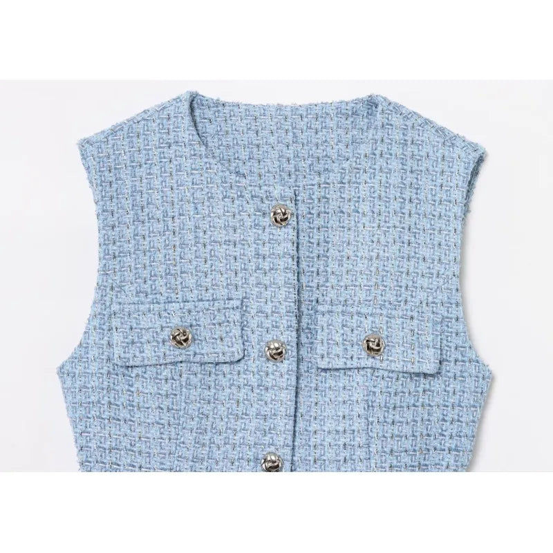 Women's Tweed Waistcoat With Belt, O Neck, Sleeveless, Front Button, Female Outerwear, Chic Tops, Fashion