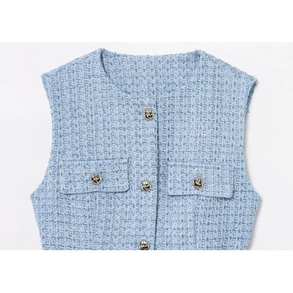 Women's Tweed Waistcoat With Belt, O Neck, Sleeveless, Front Button, Female Outerwear, Chic Tops, Fashion