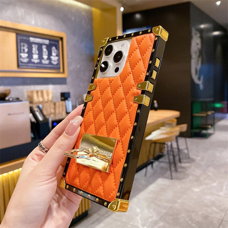 Elegant PU Leather Phone Case For iPhone 16 Pro Max Luxury Square Cases For iPhone 15 14 11 Pro 12 13 Mini XR X Max Back Cover