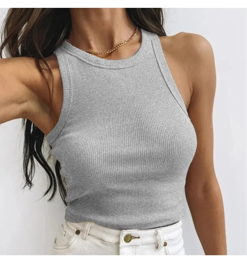 Women's Tank Top Crop Sexy Off Shoulder O Neck Solid Ribbed Knitted Casual Sport Vest Basic Elastic Camisole