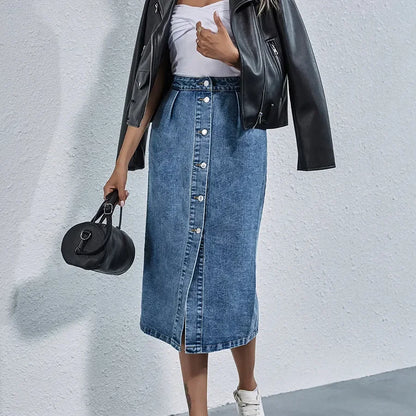 Women Streetwear Casual Pocket High Waist Straight Jean Skirts New Single Breasted Knee All-match Length Denim Skirt Female