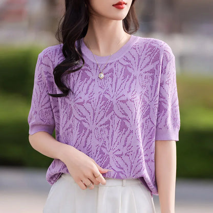 T-shirt Women Tops Summer 2025New Clothing Body O-neck Half Sleeve Tees Shirt  Solid Color Maple Leaf Pattern Casual Fashion Top